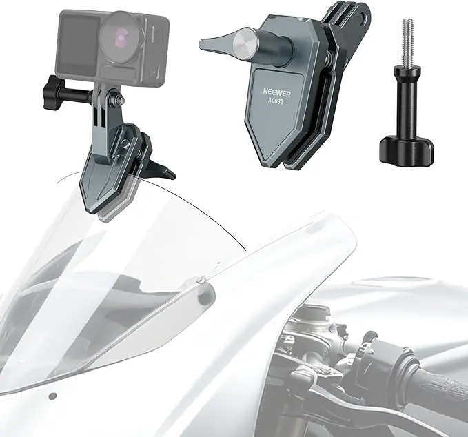 NEEWER AC032 Motorcycle Windshield Action Camera Clamp Mount, Aluminum Alloy Clip with 3 Prong Adapter & 1/4" Screw Hole Compatible with GoPro Hero 13 12 DJI Adapters for POV Video Recording, AC032 10107026