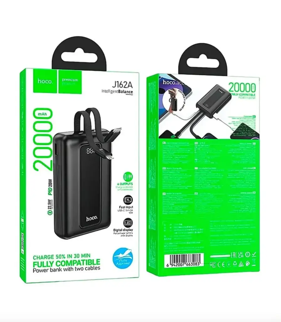 Hoco J162A 20000mAh 22.5W Power Bank, PD 20W Type-C & QC 3.0 USB-A Fast Charging, Portable Charger with 2 Included Cables 