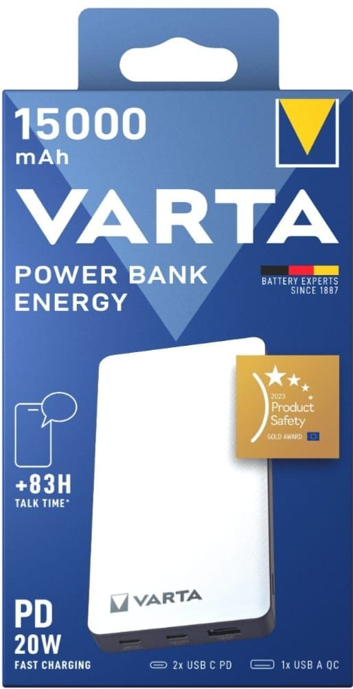 VARTA Energy Power Bank 15,000 mAh (LiPo, USB-C & Dual USB-A)