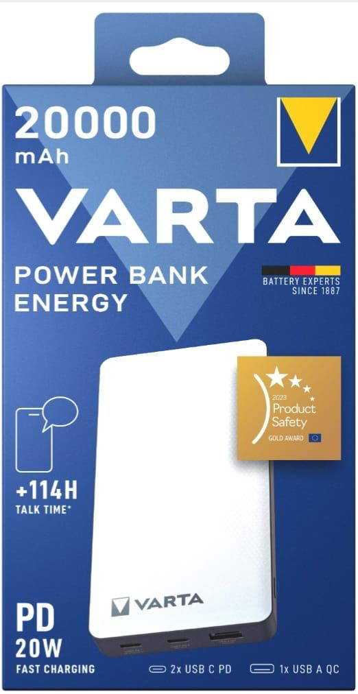 VARTA Energy Power Bank 20,000 mAh (LiPo, USB-C & Dual USB-A)