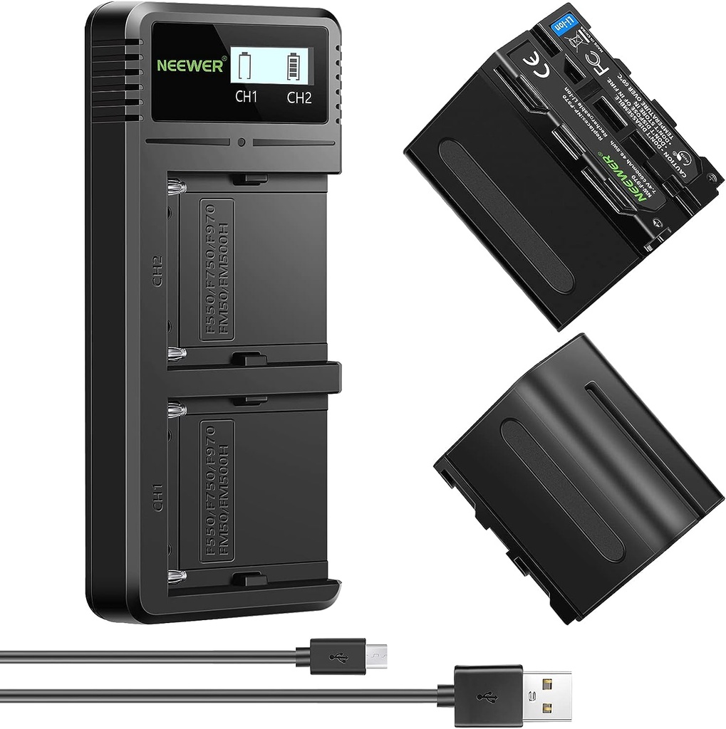شاحن سريع مزدوج USB من Neewer مع بطاريتين بديلتين NP-F970 بسعة 6600 مللي أمبير.
