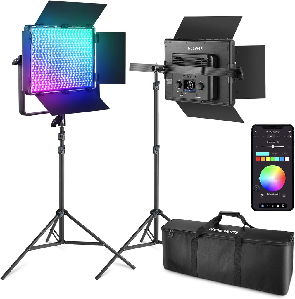 NEEWER – مجموعة مكونة من قطعتين من ضوء الفيديو PL60C RGB بعدد 800 لمبة LED , ضوء LED مستمر للتصوير مزوّد بحامل إضاءة بطول 2 متر وحقيبة حمل , رقم المنتج: 10103536