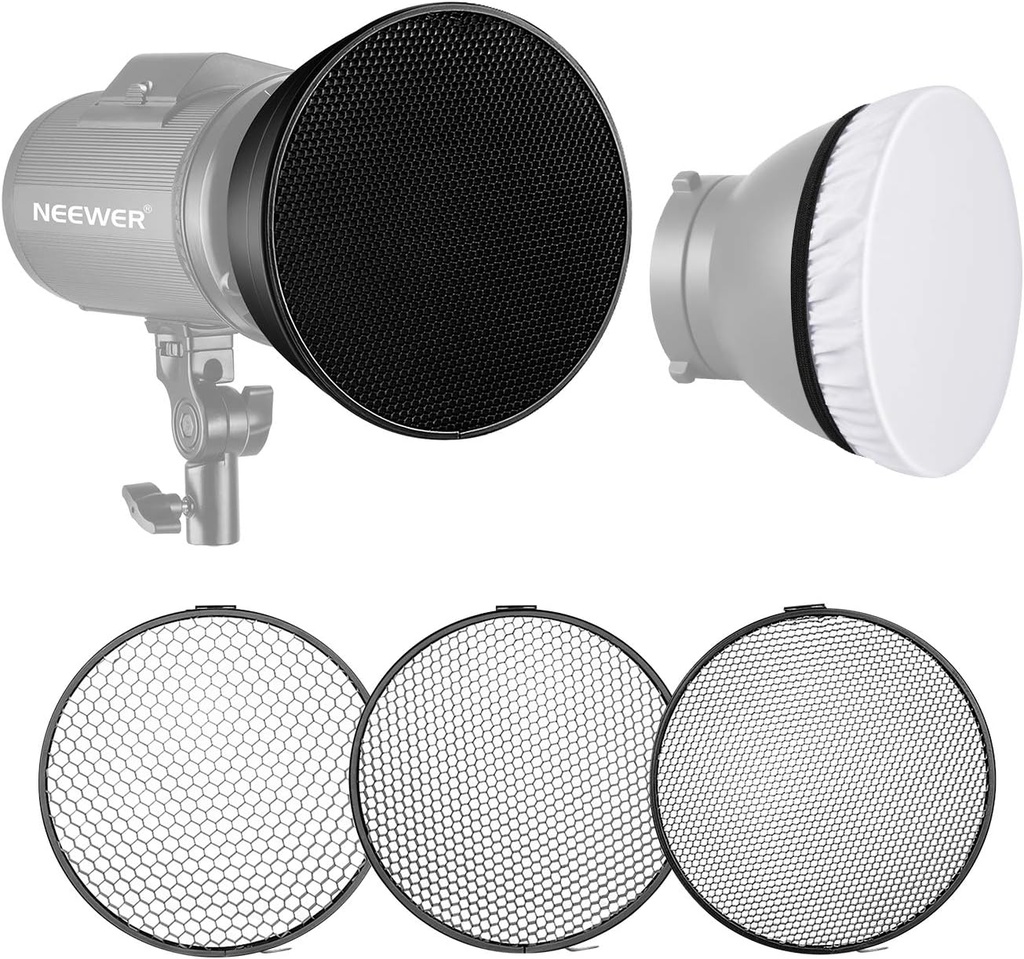 Neewer 7 inch Standard Reflector with Soft Diffuser and 20/40/60 Degree Honeycomb Grids (10096050)
