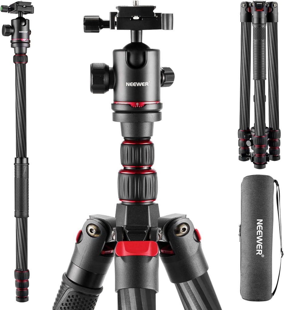NEEWER N55CR Upgraded 200cm Carbon Fiber Camera Tripod Monopod with Telescopic 2 Section Center Axes 10101310