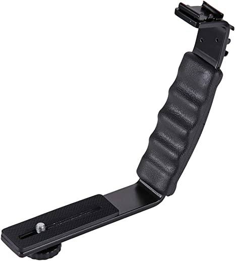 PULUZ Universal Camera Grip L-Shape Bracket Handheld Grip Holder with Dual Side Cold Shoe Mounts for Video Light Flash DSLR Holder Camcorder PU3011