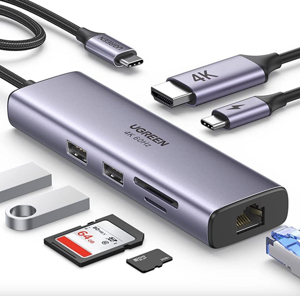 UGREEN 60515 2port USB C3.0 hub with HDMI,SD/TF RJ45 and PD ports 4K 60HZ