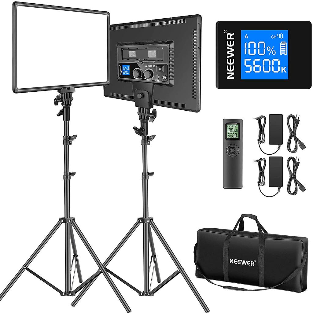 Neewer 90W LED Video Lighting with 2.4G Wireless Remote Control Kit: Pack of 2 Dimmable Two-Tone 18 Inch LED Panel + Light Stand 3200K-5600K 45W 4800Lux CRI97 + Light for Photos Live Stream YouTube(90097719)(10098795)