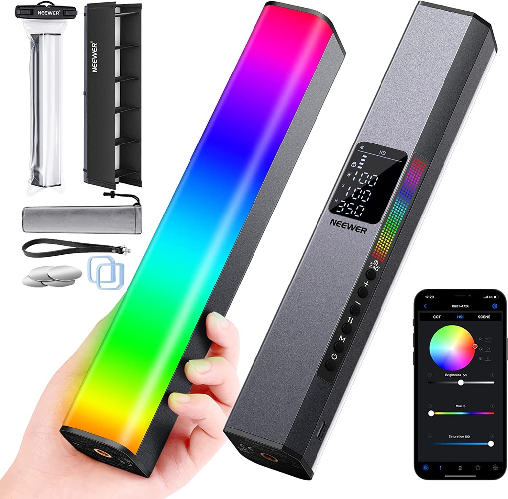 NEEWER RGB1 LED Video Light Stick, Touch Bar & APP Control, Magnetic Handheld Photography Light, Dimmable 3200K~5600K CRI98+ Full-Color LED Light with 6400mAh Built-in Battery, 17 Light Scenes (10101412)