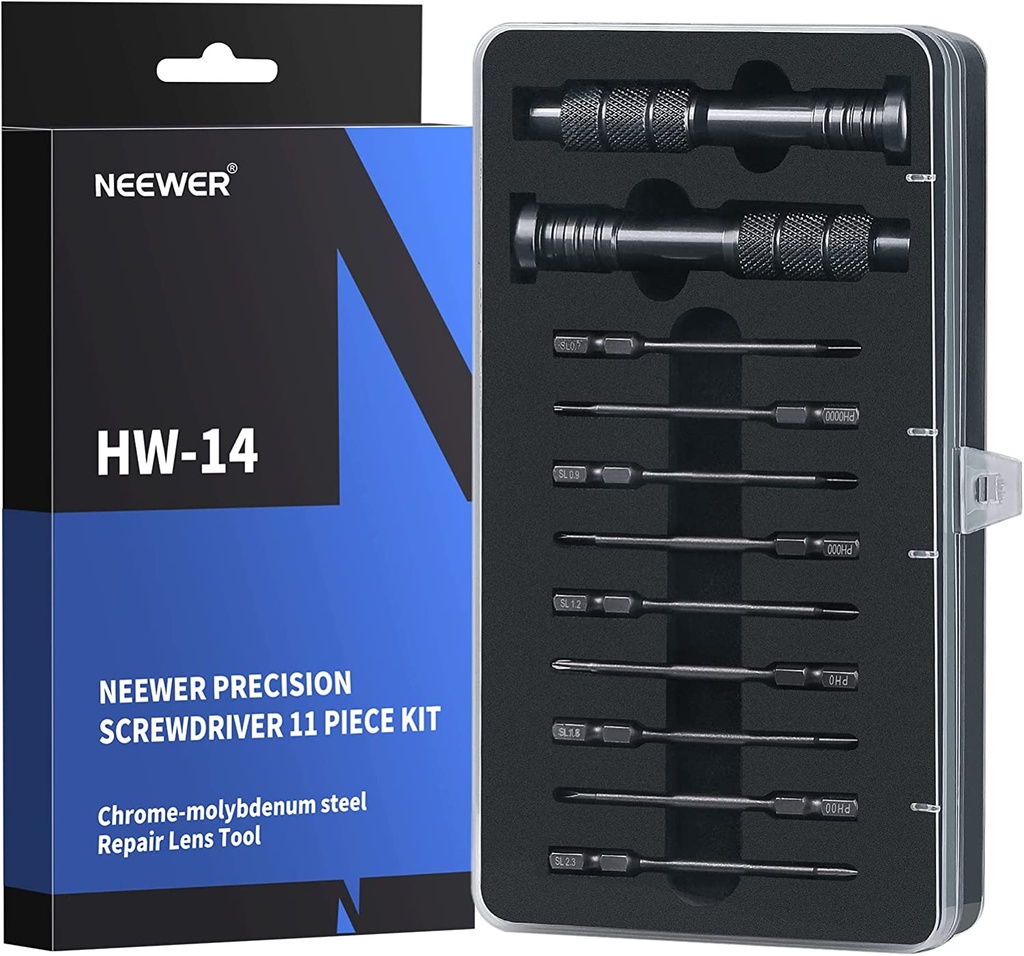 NEEWER HW-14 11-Piece Precision Screwdriver Set, 2 Magnetic Handles with 9 Screwdriver Blades(Slotted&Phillips) for Repair/Assembly of Electronics/Cameras/Glasses/Smartphones/Watches, Storage Case Included (99098561)