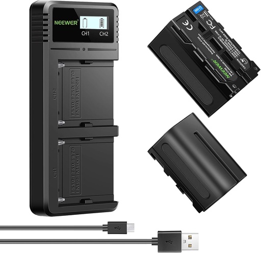 شاحن سريع مزدوج USB من Neewer مع عبوتين من بطاريات الليثيوم NP-F750 سعة 5600mAh (رقم الموديل: 10099856).