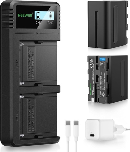 بطاريتان NEEWER NP-F970 بسعة 10050 مللي أمبير مع شاحن سريع بقدرة 20 واط بتقنية PD – طقم مكون من 2 قطعة (رقم الموديل: 10102661).
