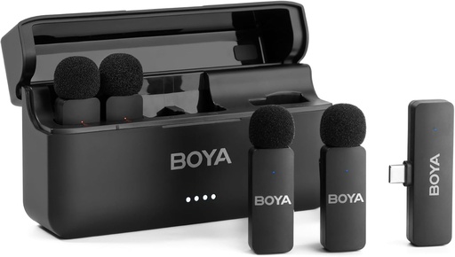 ميكروفون BOYA BY-V4U اللاسلكي لافاليير لأجهزة iPhone وiPad مع علبة شحن ومستقبل بمنفذ Type-C