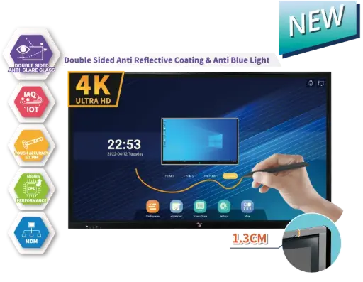 Interactive Panel - (DTG-86-V100) 86" Multi-Touch Panel [ 4K ] - Android Build-in- 86" LED 4K panel (Input & Output: 4K/2K/FHD) - Android Build-in with Android 12 - V100 (8+128) - Eye Sight Protection Tempered Glass - Sound System 15 W x 2 - Remote Control, HDMI Cable, USB Cable - 20-Point touch - Hanshin IWB Software License