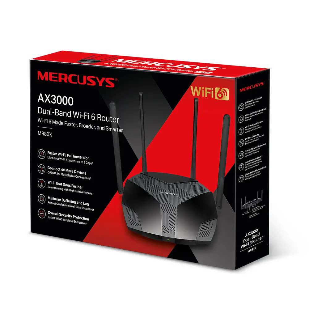 Mercusys MR80X Dual Band Wi-Fi 6 Wireless Router Up to 3 Gbps with 4 High Gain External Antennas - Black 