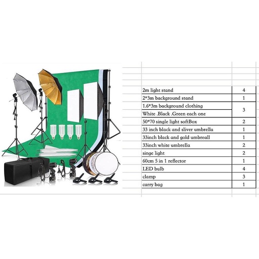 Full Package Studio Kit ( Background Chroma 1.6*3m + chroma stand, Lighting: 2lights + stands + softbox + reflector). light kit