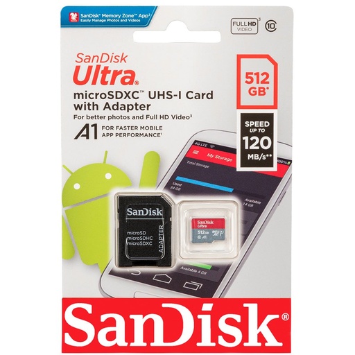 SanDisk 512GB Ultra UHS-I microSDXC Memory Card, UHS-I / A1 / Class 10 Speed 100 MB/s