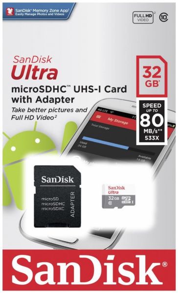 SanDisk Ultra Micro SD Card UHS-I Class10 32GB speed 100mb/s (Full HD)