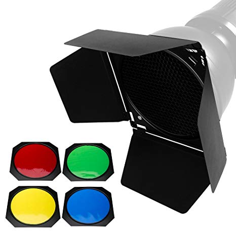 Mt Godox BD-04 BarnDoor Kit with Barn Door, Color Filters & Honey Comb