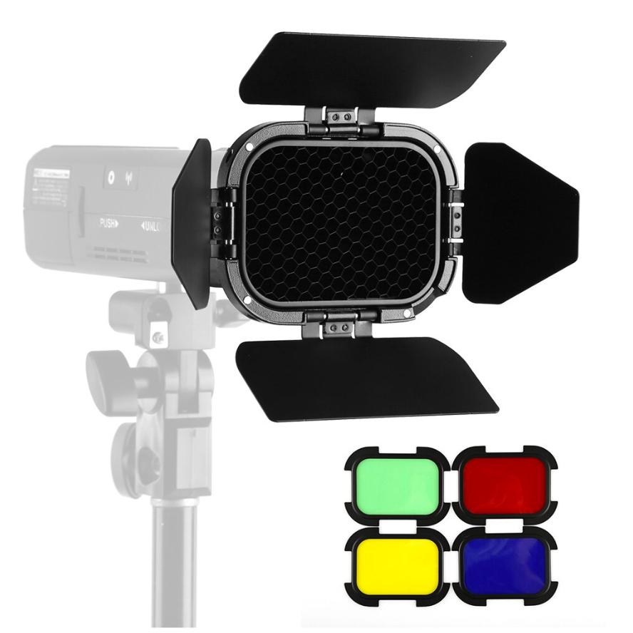 Godox BD-07 Barn Door with Detachable Honeycomb Grid and 4 Color Gel