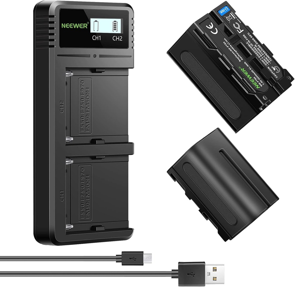 شاحن سريع مزدوج USB من Neewer مع عبوتين من بطاريات الليثيوم NP-F750 سعة 5600mAh (رقم الموديل: 10099856).