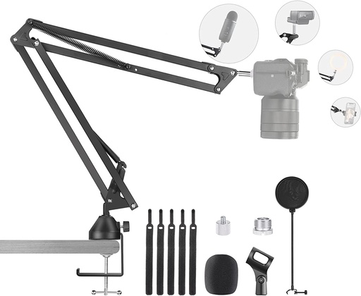 Neewer Microphone Arm Stand, Suspension Boom Arm Stand with Upgraded C-Clamp, Pop Filter, 3/8”–1/4” & 3/8”–5/8” Adapter, Mic Clip, Compatible with Blue Yeti Nano Snowball Ice, Ring Light, DSLR Camera (40099190)