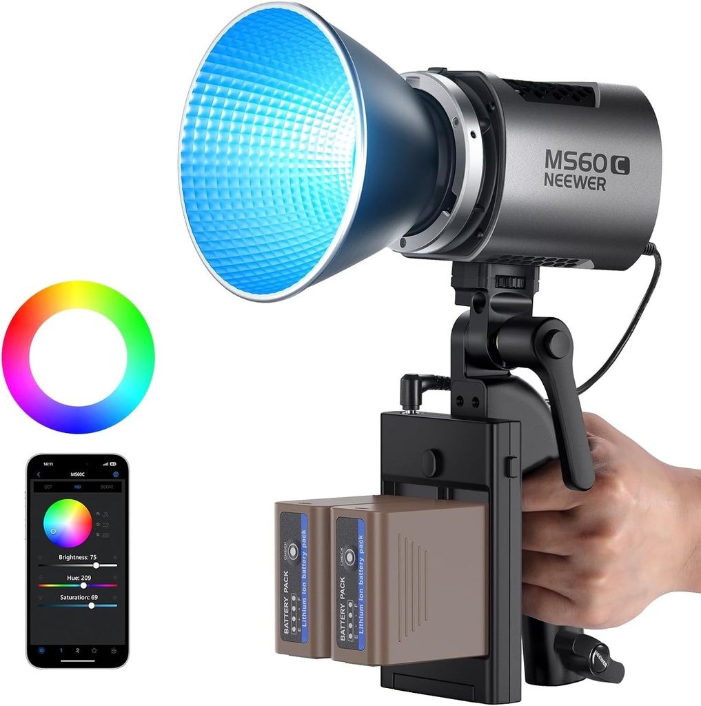 ضوء فيديو نييور MS60C RGB COB مع تحكم عن بُعد بتقنية 2.4 جيجاهرتز وتطبيق هاتف، رقم 10104014