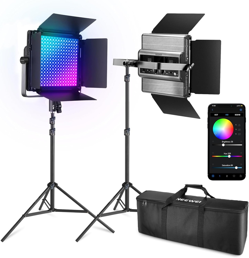 نيور NEEWER RGB1200 – ضوء فيديو LED ملون مع تحكم عبر التطبيق و2.4G، عدد 2 × 60 واط، يشمل حوامل ثلاثية وحقيبة (رقم المنتج: 10104230)