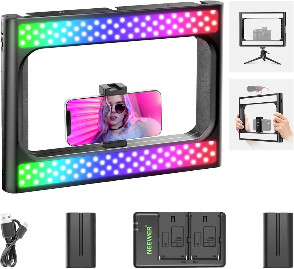 نيور Neewer – حلقة إضاءة سيلفي RGB LED، بألوان كاملة 360°، مزودة بحامل فيديو للهاتف الذكي ومثبت تصوير للجوال (رقم المنتج: 10100582)