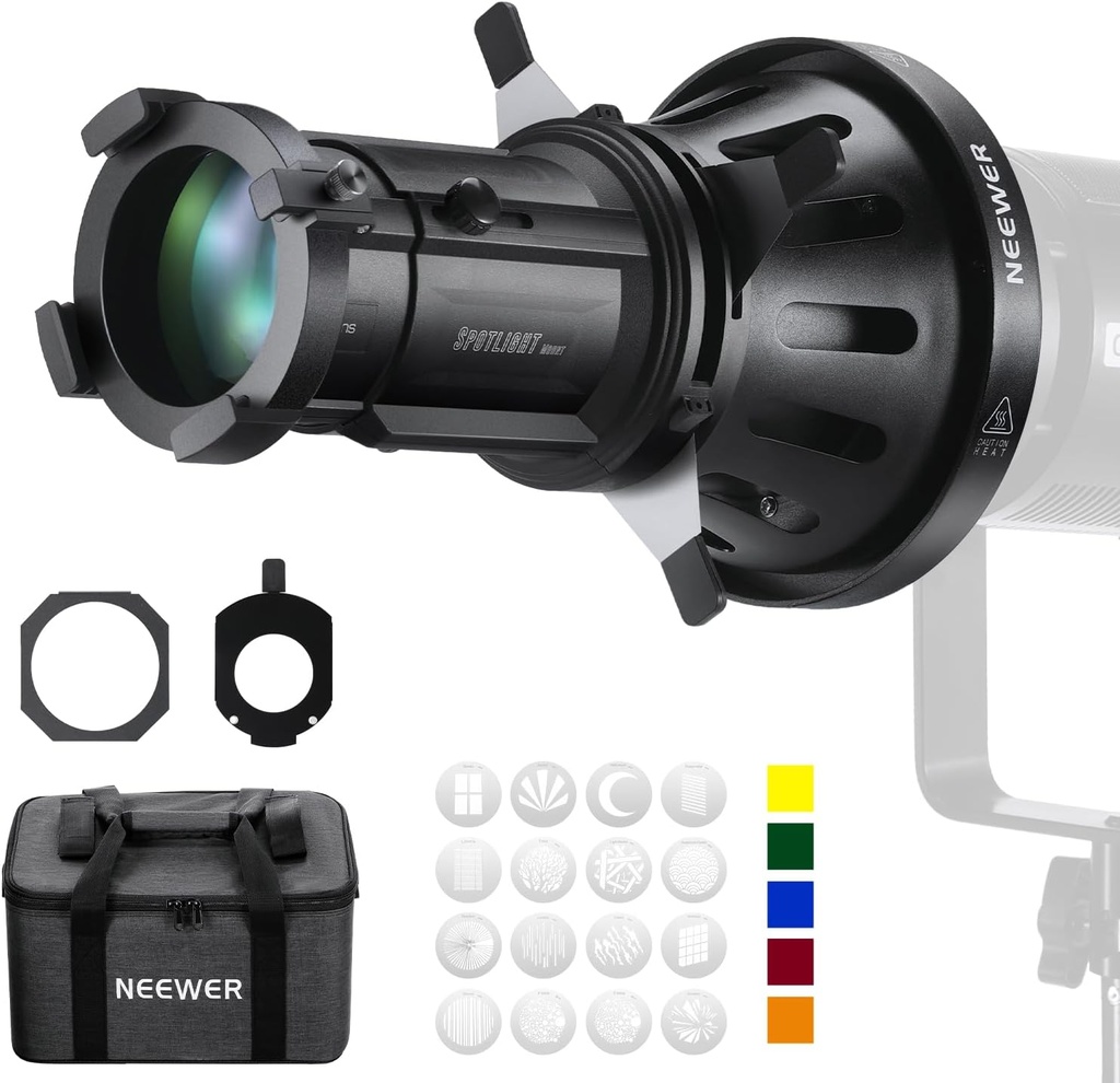 NEEWER Spotlight Snoot with 20° Projection Lens, Adjustable Focus, 16 Metal Gobos 5 Color Gels, Bag 90100759