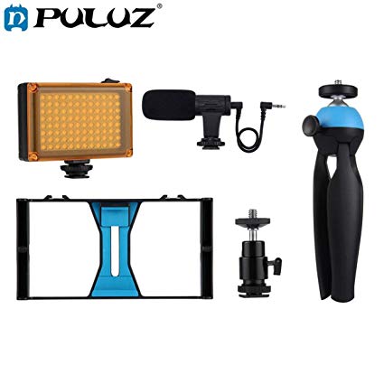 PULUZ 4 in 1 Live Broadcast LED Selfie Light Smartphone Video Rig Kits with Microphone Tripod Mount Cold Shoe Tripod Head PKT3023
