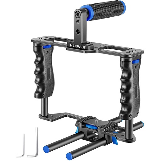 Neewer Aluminum Alloy Camera Video Cage Film Movie Making Kit, with Top Handle, Dual Hand Grip, Two 15mm Rods, Compatible with Canon, Sony, Fujifilm, and Nikon DSLR Camera and Camcorder (Black + Blue)(10083155)