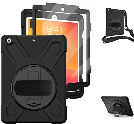 iPad Case with Screen Protector, Shockproof Protective Kids Case with Hand Strap/Stand/Shoulder Strap