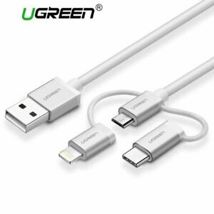 داتا كابل USB 2.0 الى Micro USB + Lightning +Type C بطانة فضية بطول 1 متر / UGREEN 50202