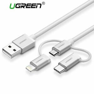 Ugreen Model:50202 USB 2.0 to Micro USB+Lightning+Type C(3 in 1) Data Cable with braid silver 1M
