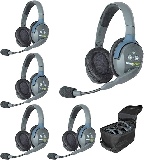 UltraLITE UL5D 5-Person Full-Duplex Wireless Intercom with 5 UltraLITE Dual-Ear Headsets