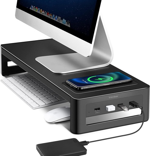 VAYDEER Monitor Stand Riser with Wireless Charger and USB3.0 Hub Support Data Transfer and Extra Storage Steel Desk Organizer for Laptop Computer Up to 27 inches