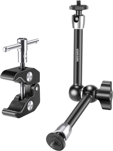 NEEWER Clamp with 1/4" and 3/8" Thread and 9.8 inches/25cm Adjustable Magic Arm with 1/4" Screws for Flash/LED Light/Microphone/Monitor, Compatible with SmallRig Cage, Load Up to 4.4lb - ST25C (10099610)