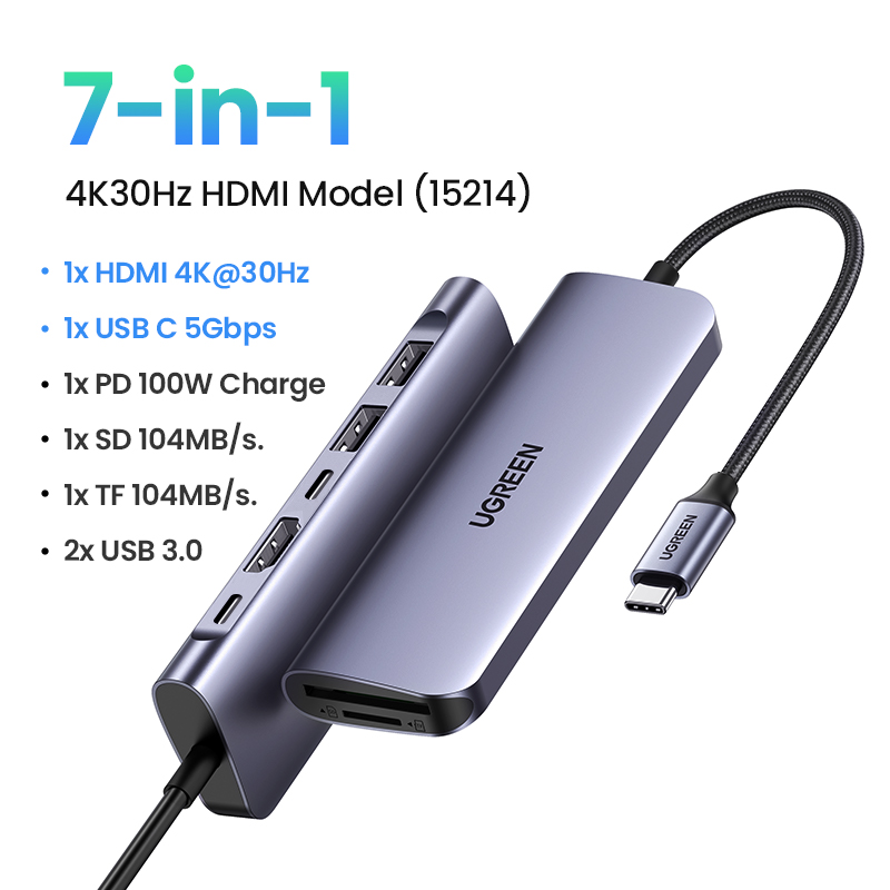 UGREEN 7-in-1 USB-C PD ハブ USB TYPE-C ハブ 100W USB Power Delivery 対応 USB-Cポート  LANポート付き 4K出力対応 HDMIポート 4K@60Hz 高速データ転送 usbc ハブ USB-Aポート microSDSDカード  スロット搭載 USB Type-C タイプc