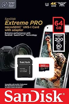SanDisk 64GB Extreme PRO® microSD™ UHS-I Card with Adapter C10, U3, V30, A2, 200MB/s Read 90MB/s Write