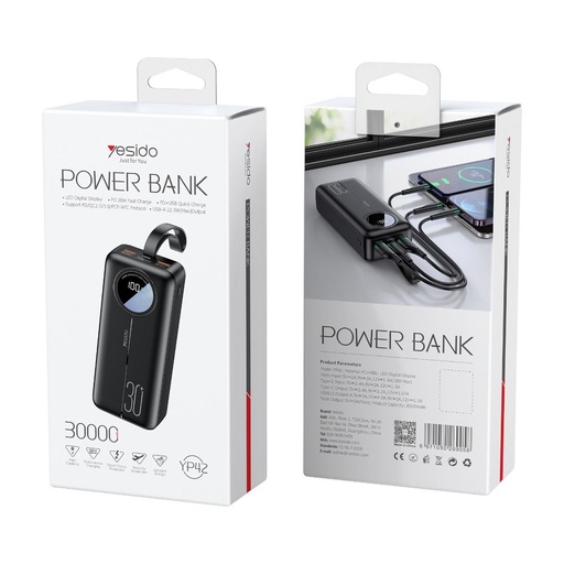 YESIDO 30000mAh YP-42 PD 20W Power Bank, LED digital display.