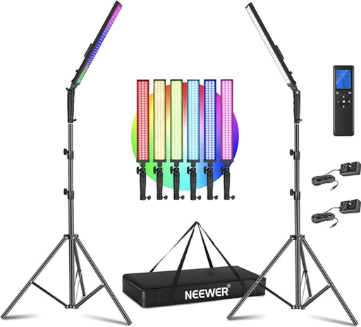 Neewer 2.4G RGB LED Video Light Stick 2-Pack Photography Lighting Set with Remote Control, 21W Dimmable 3200K ~ 5600K/CRI95+/360°Full Colour/10-Scene Effect with Stand and Bag for Studio