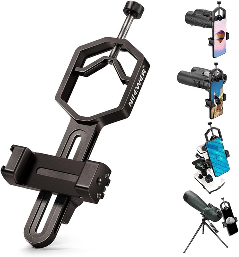 NEEWER Metal Phone Mount for Telescope, compatible with smartphones sized 2.09" to 3.54", and fits eyepieces with a diameter ranging from 1.02" to 2.05".