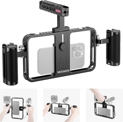 NEEWER Universal Phone Video Rig Kit Compatible with iPhone 14 Plus 14 13 12 Pro Android, Aluminum Handheld Phone Cage with Silicone Handles, Video Stabilizer Rig for Vlog Videography Live Streaming