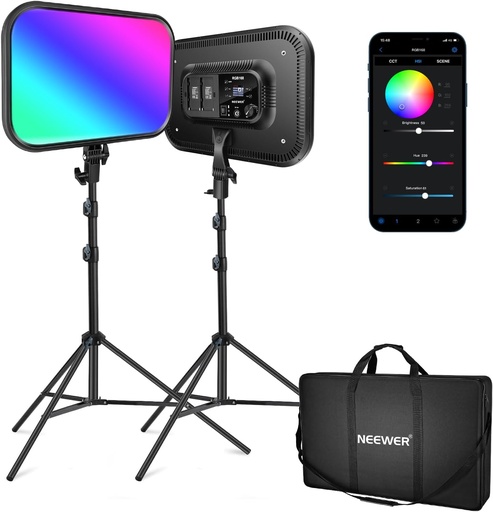 NEEWER RGB168 18.3 Inch RGB LED Video Light with Tripods, Pack of 2, with App Control, 360° Full Colour, 60 W, Dimmable, 2500 K-8500 K, RGB Video Studio Light, CRI 97+, 17 Scene Effects for