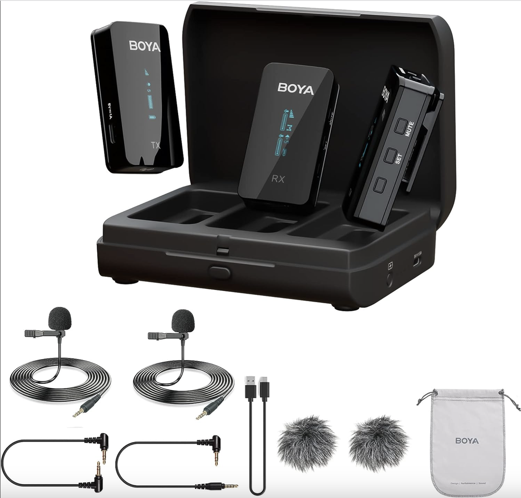 BOYA Wireless Lavalier Microphone BY-XM6-K2 2.4GHz Dual-Channel Wireless Lapel Microphones with Charging Case for Cameras Phones DSLR Clip on Mic for Video Recording Live Streaming YouTube Interview