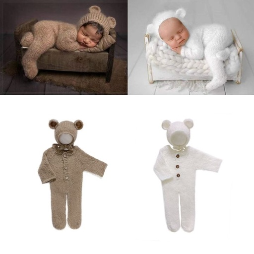 Newborn Photography Clothing Mohair Bear Ear Hat+Jumpsuits 2Pcs/set Studio Baby Photo Prop Accessories Knitted Clothes Outfits