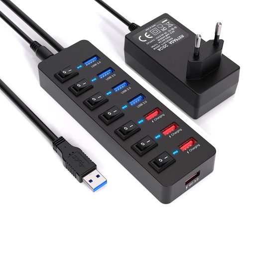 Powered USB Hub 36W,  8-Port USB 3.0 Hub , USB Splitter with Individual On/Off Switches